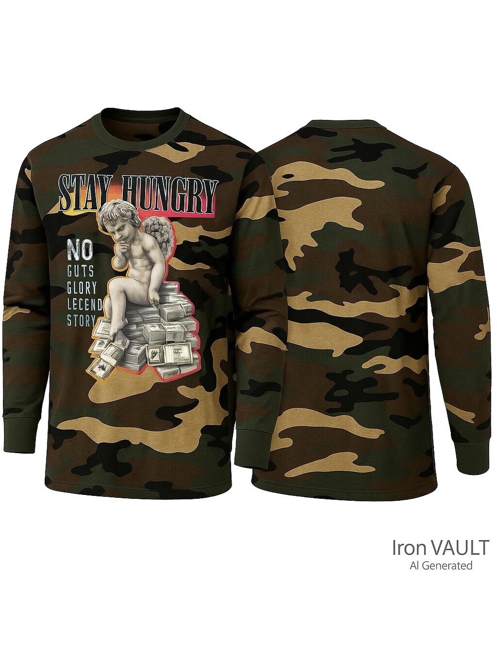 Contender Mens Camo Long Sleeve Tee Size LG XL 2XL 3XL Stay Hungry Shirt 1KT219